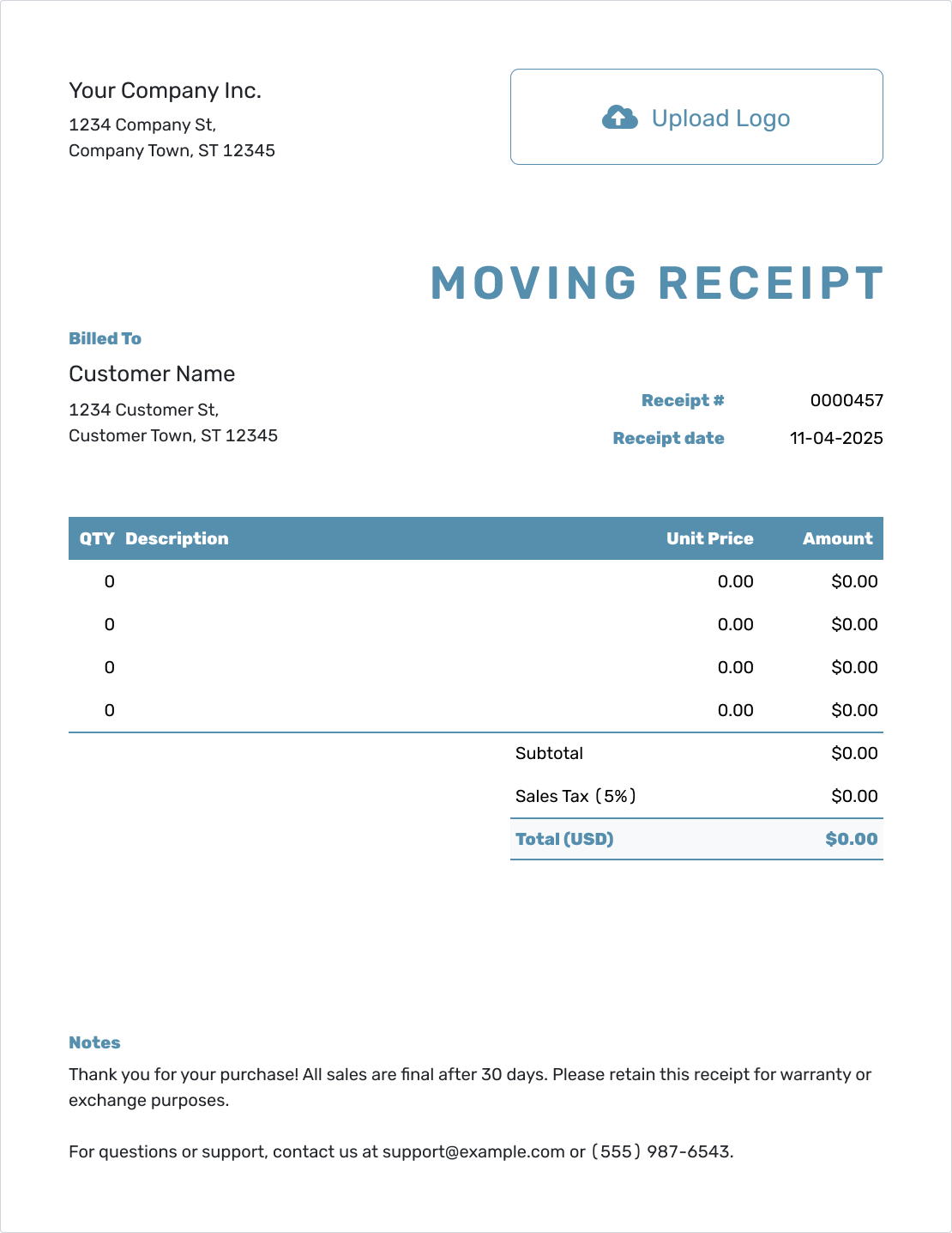 Blank Moving Receipt Template