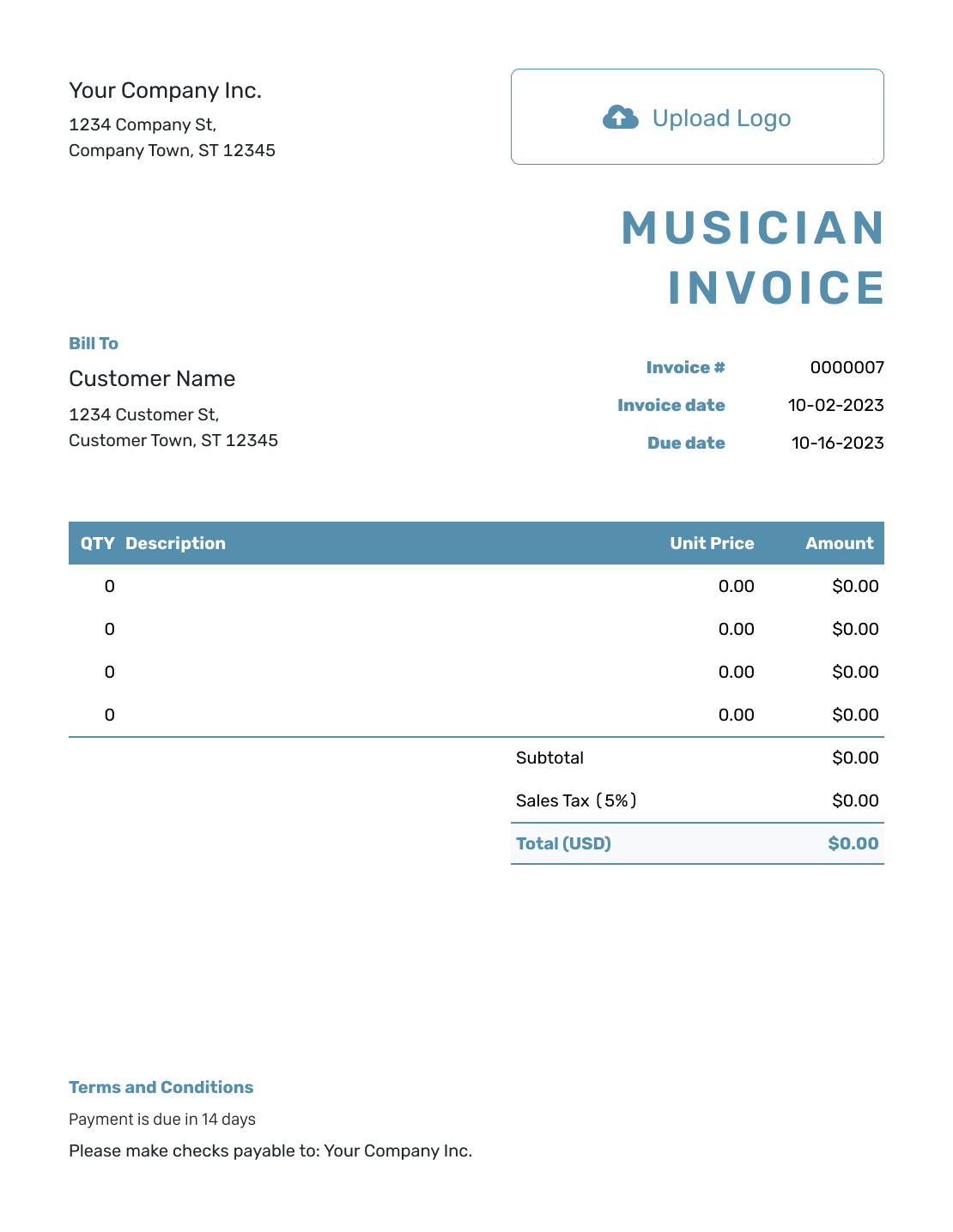 Blank Musician Invoice Template