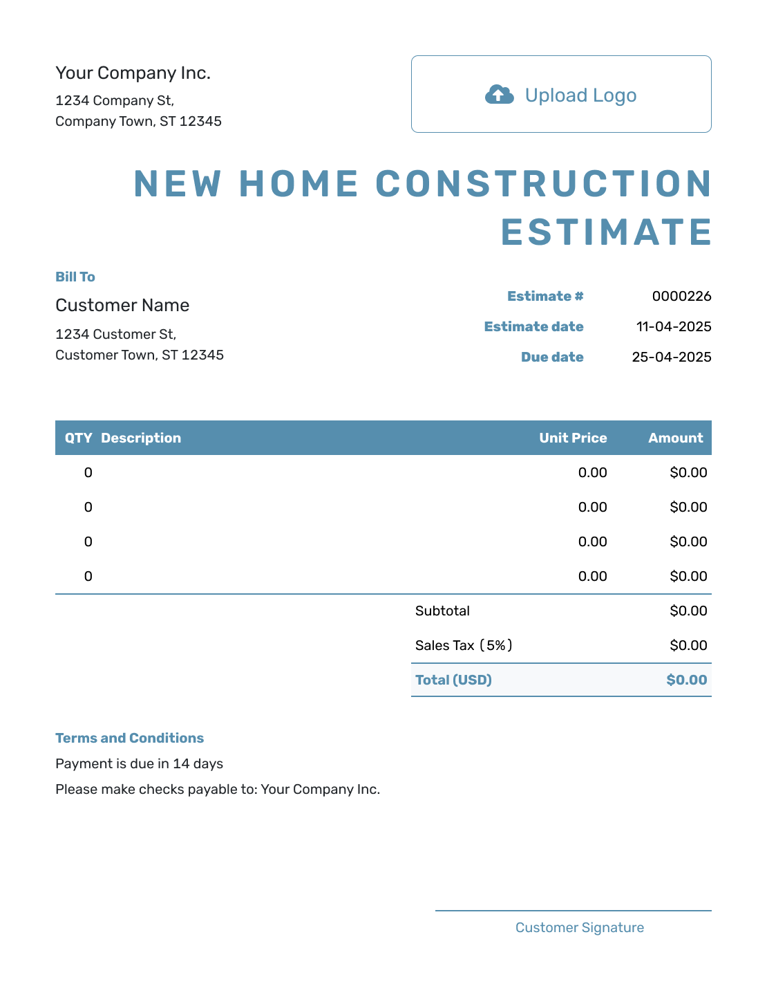 Blank New Home Construction Estimate Template