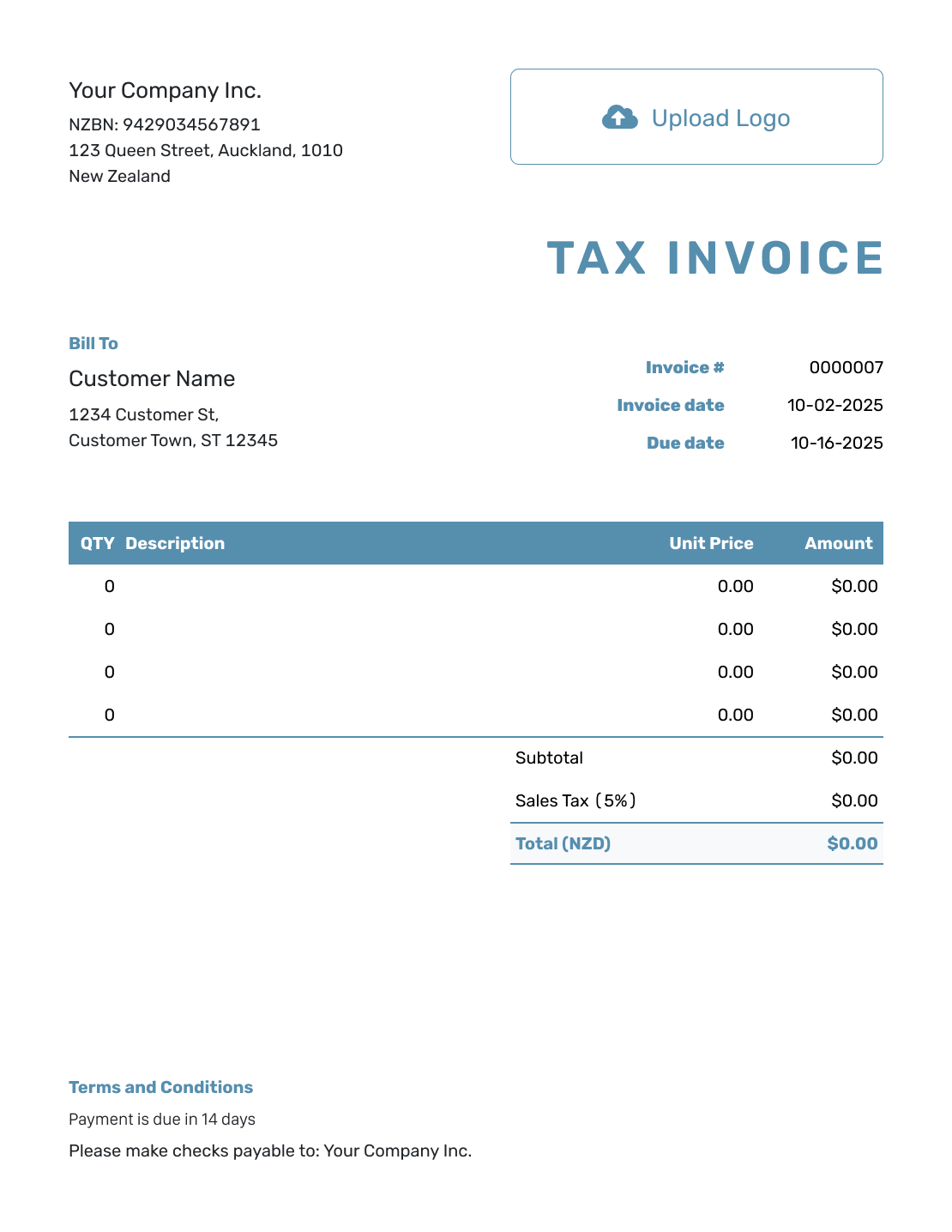 Blank New Zealand Invoice Template