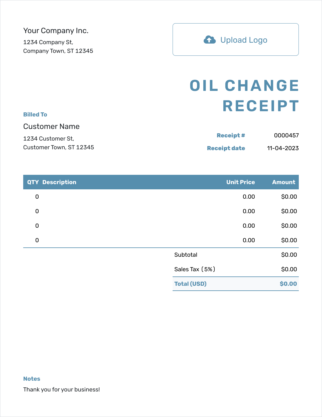 Blank Oil Change Receipt Template