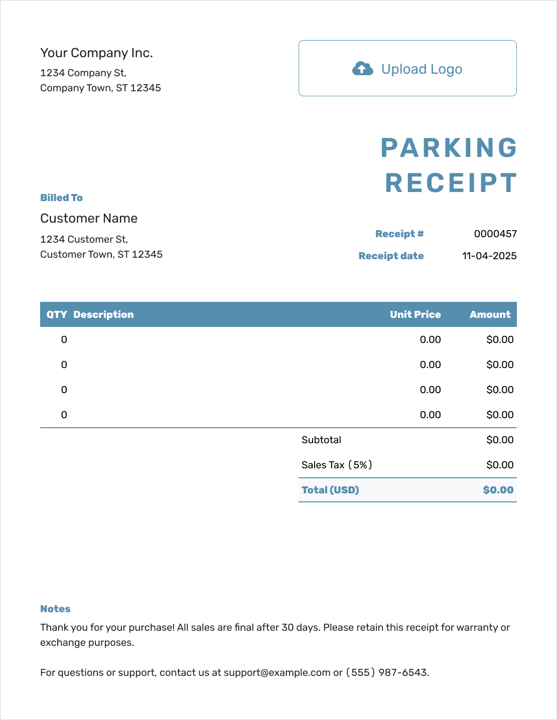 Blank Parking Receipt Template