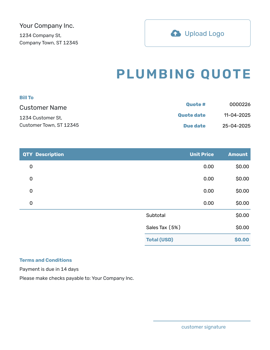 Blank Plumbing Quote Template