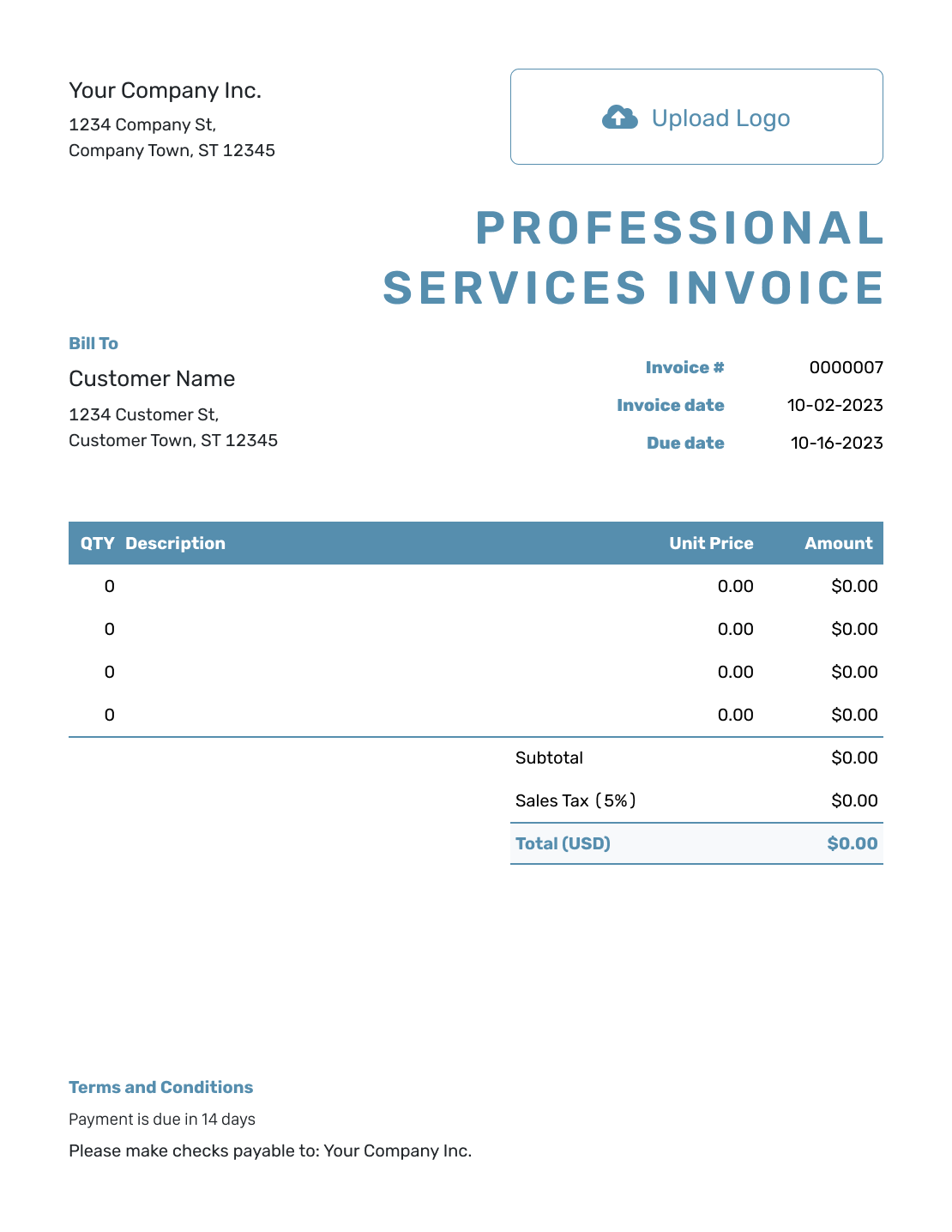 Blank Professional Services Invoice Template