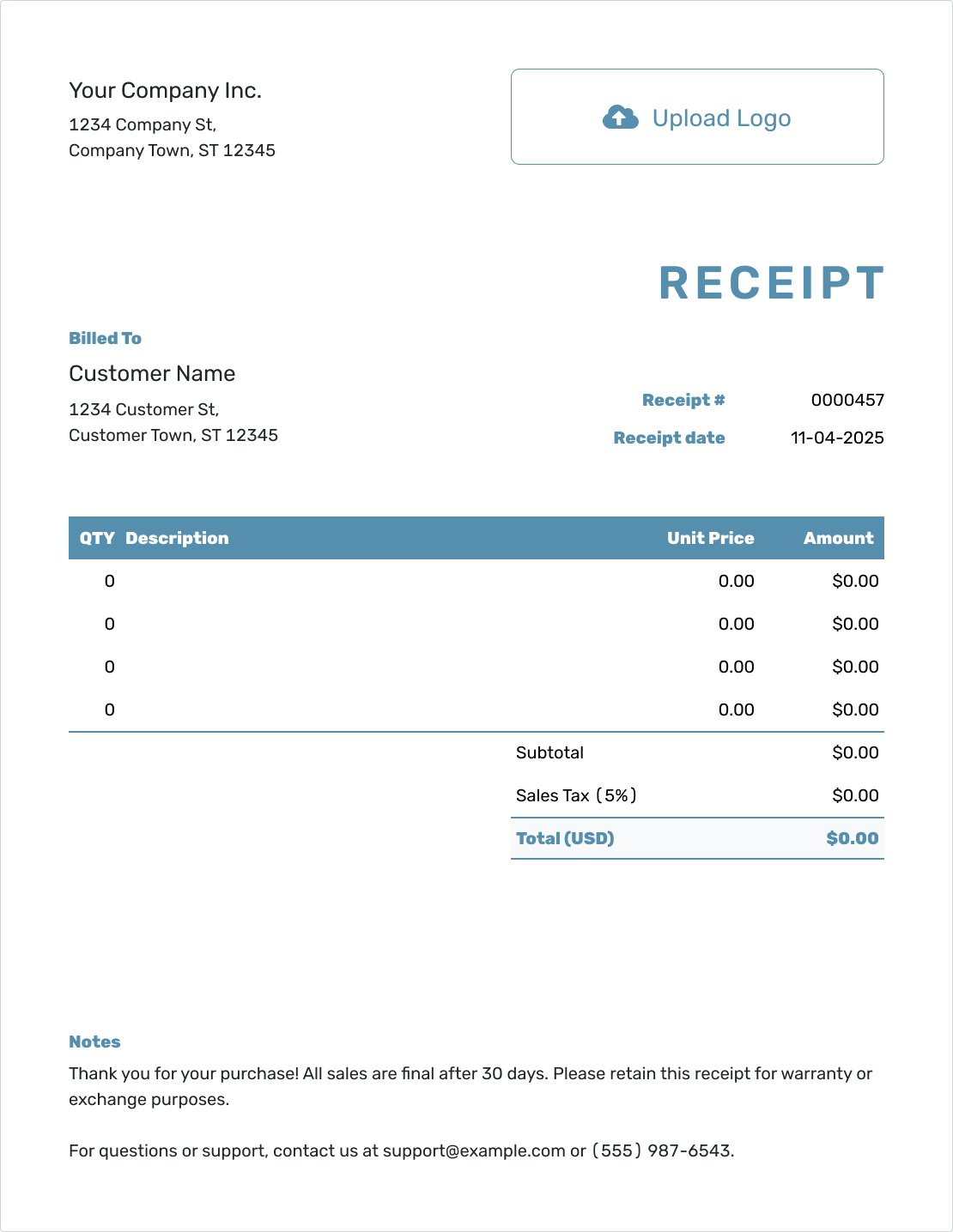 Blank Work Receipt Template