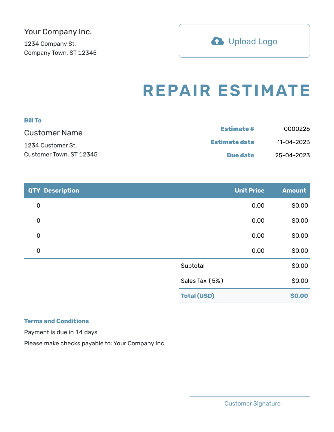 Blank Repair Estimate Template