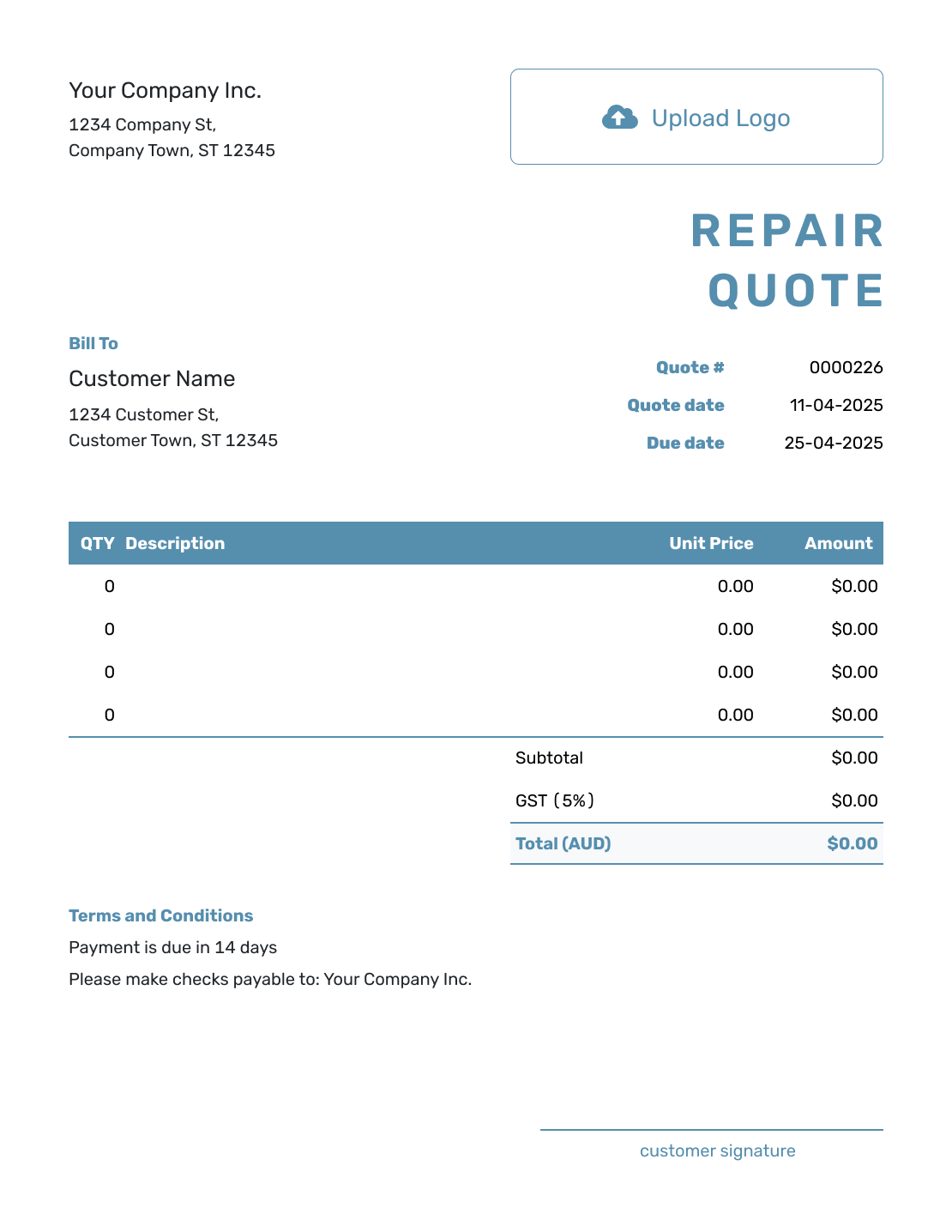 Blank Repair Quote Template