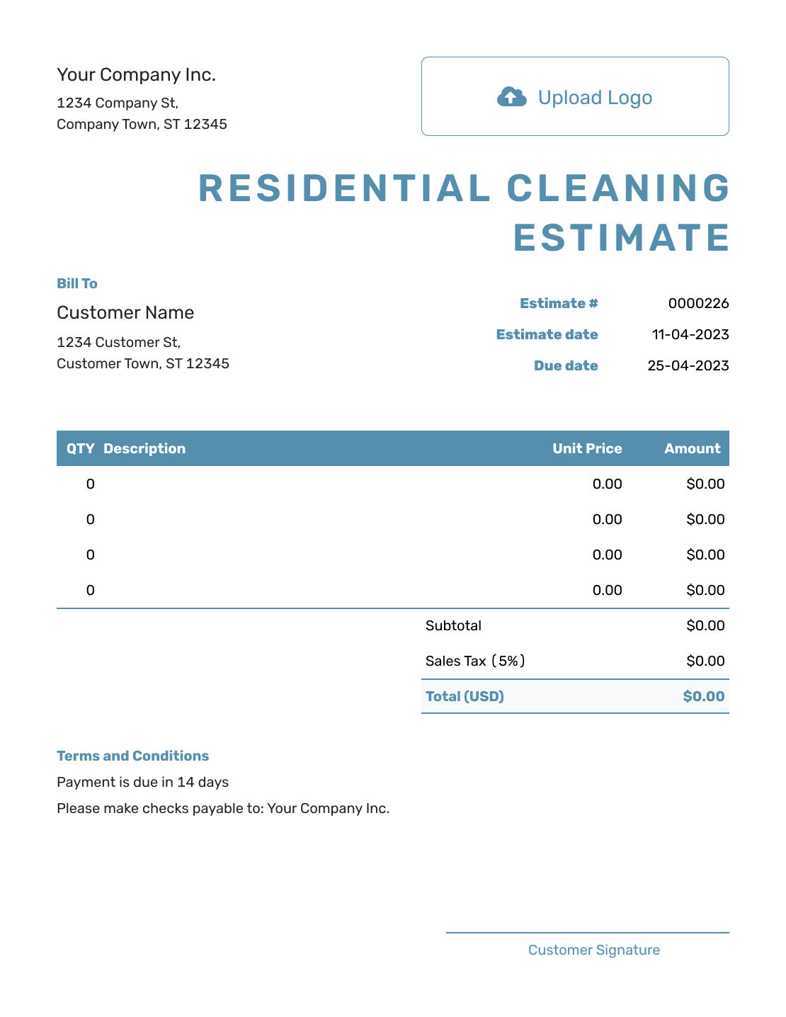 Blank Residential Cleaning Estimate Template