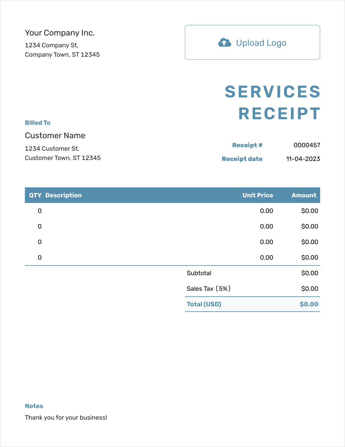 Blank Services Receipt Template
