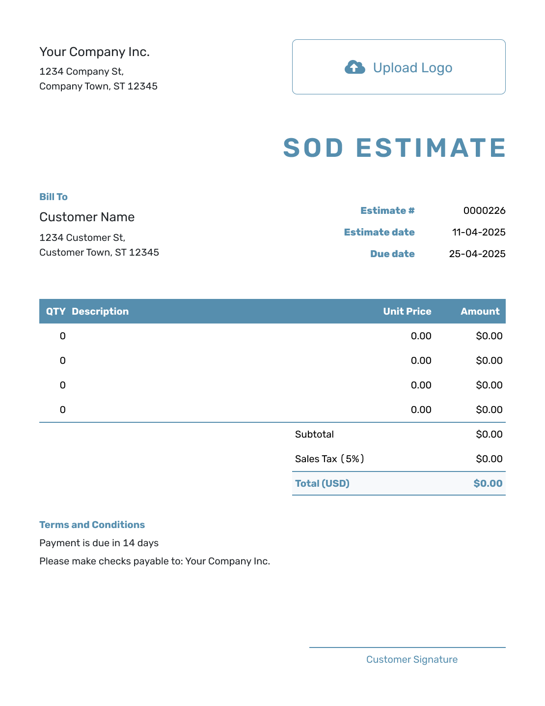 Blank Sod Estimate Template