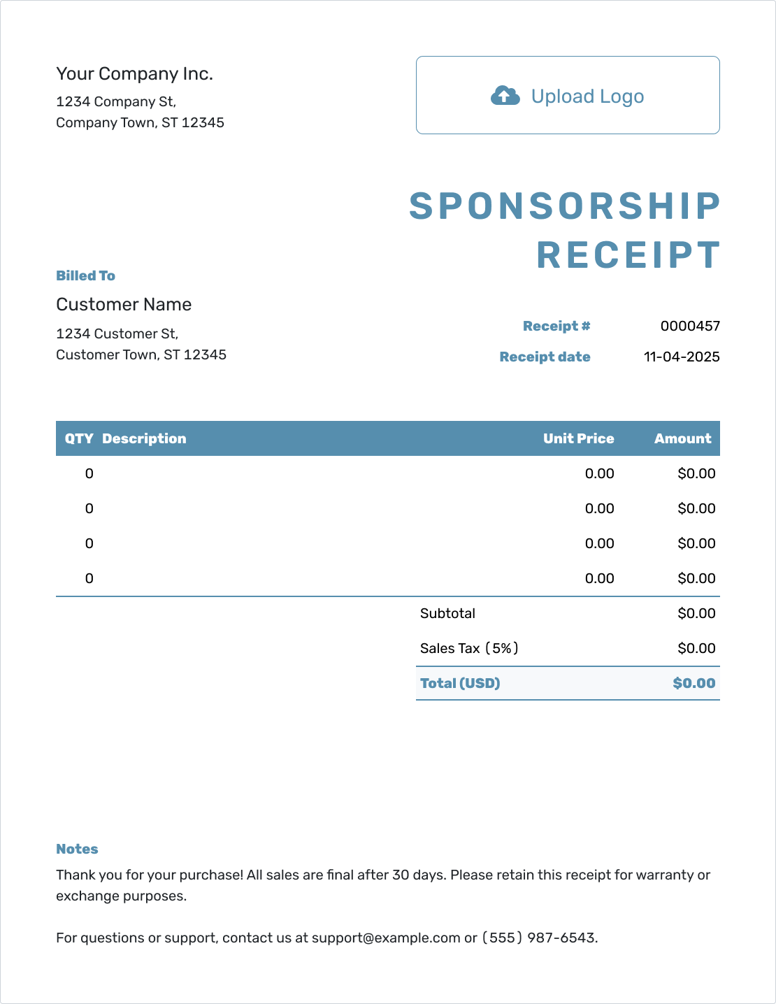 Blank Sponsorship Receipt Template