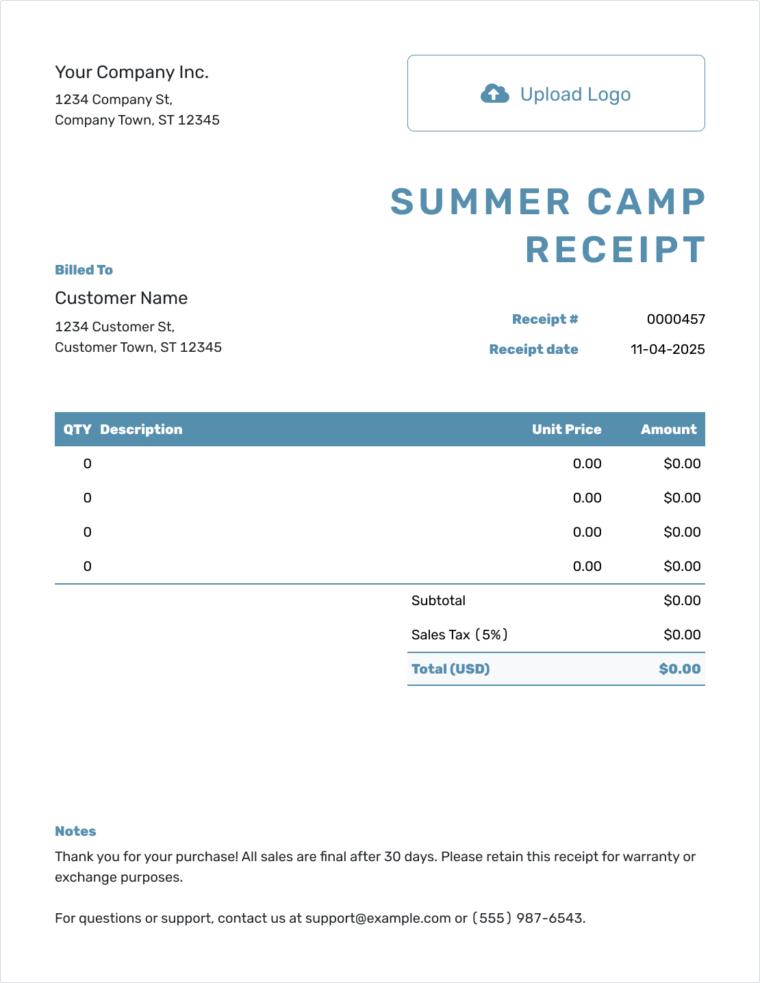 Blank Summer Camp Receipt Template