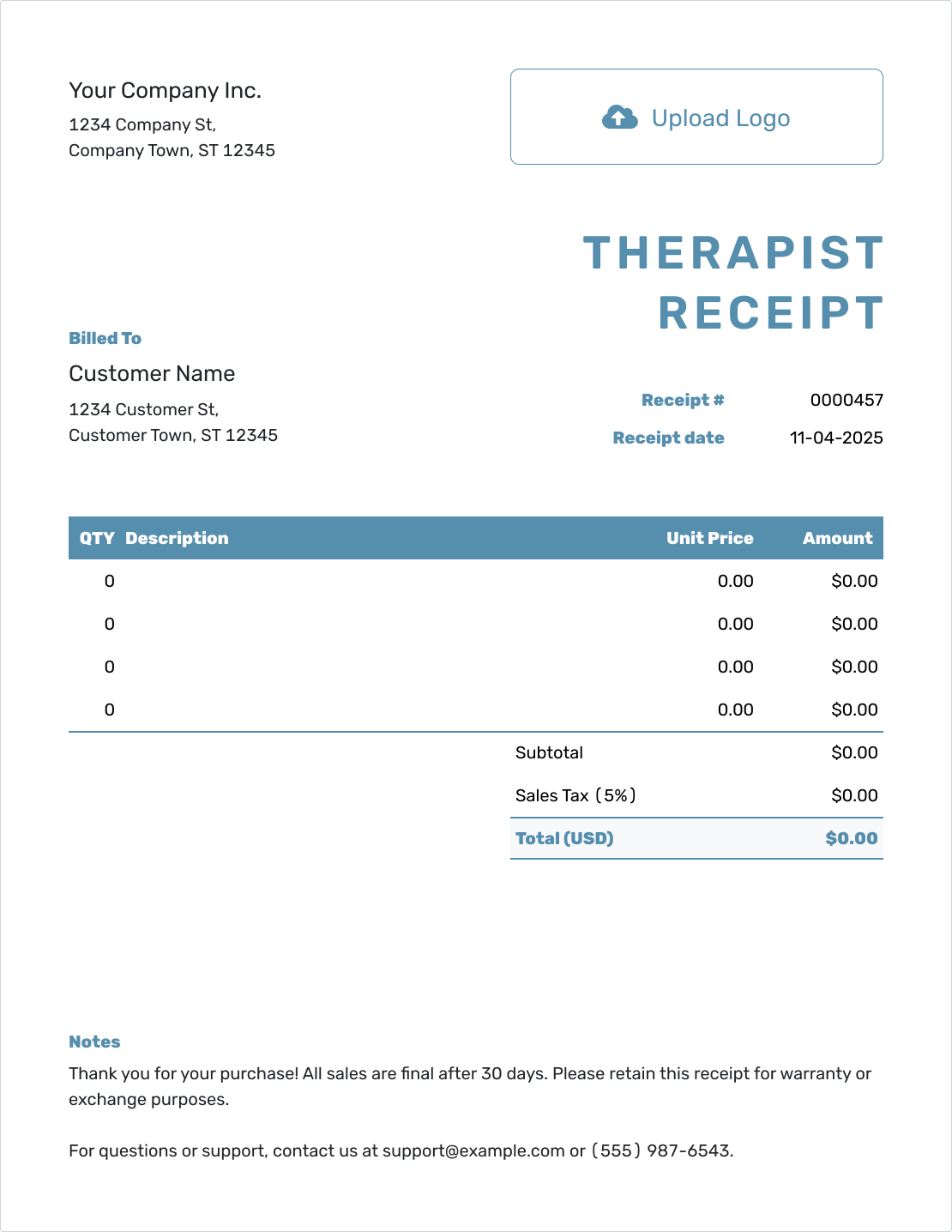 Blank Therapist Receipt Template