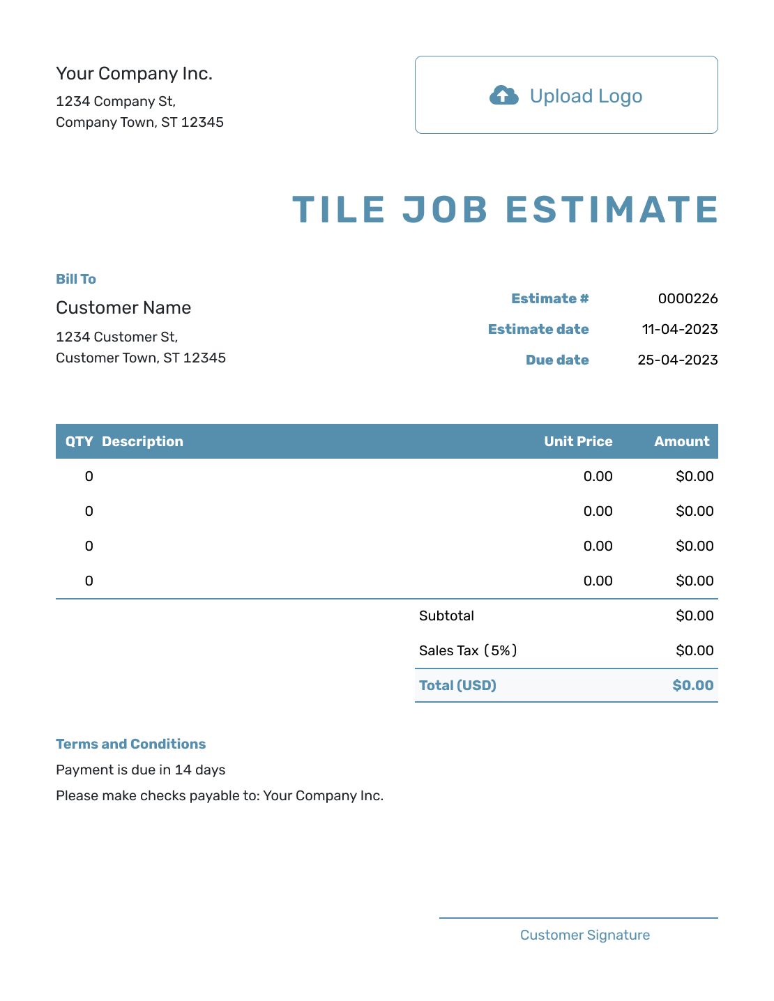 Blank Tile Job Estimate Template