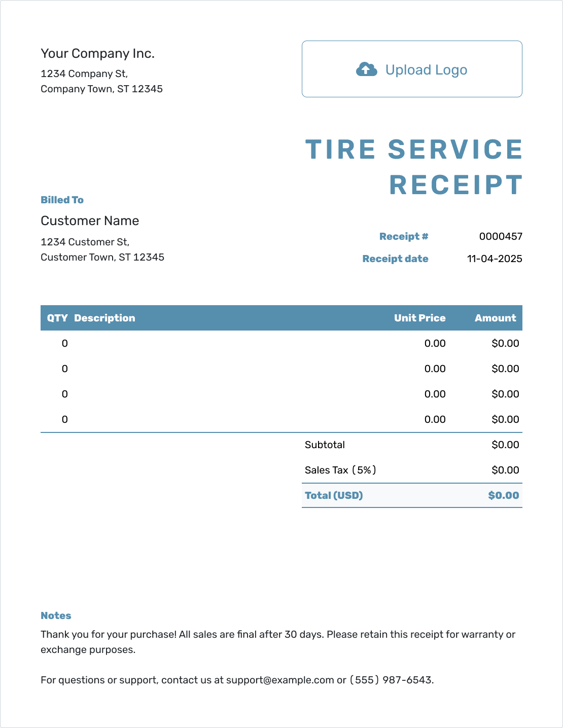 Blank Tire Receipt Template