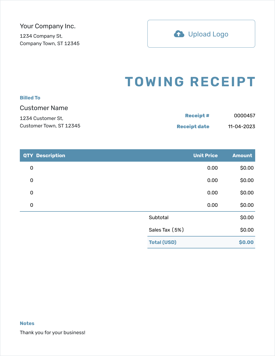Blank Towing Receipt Template