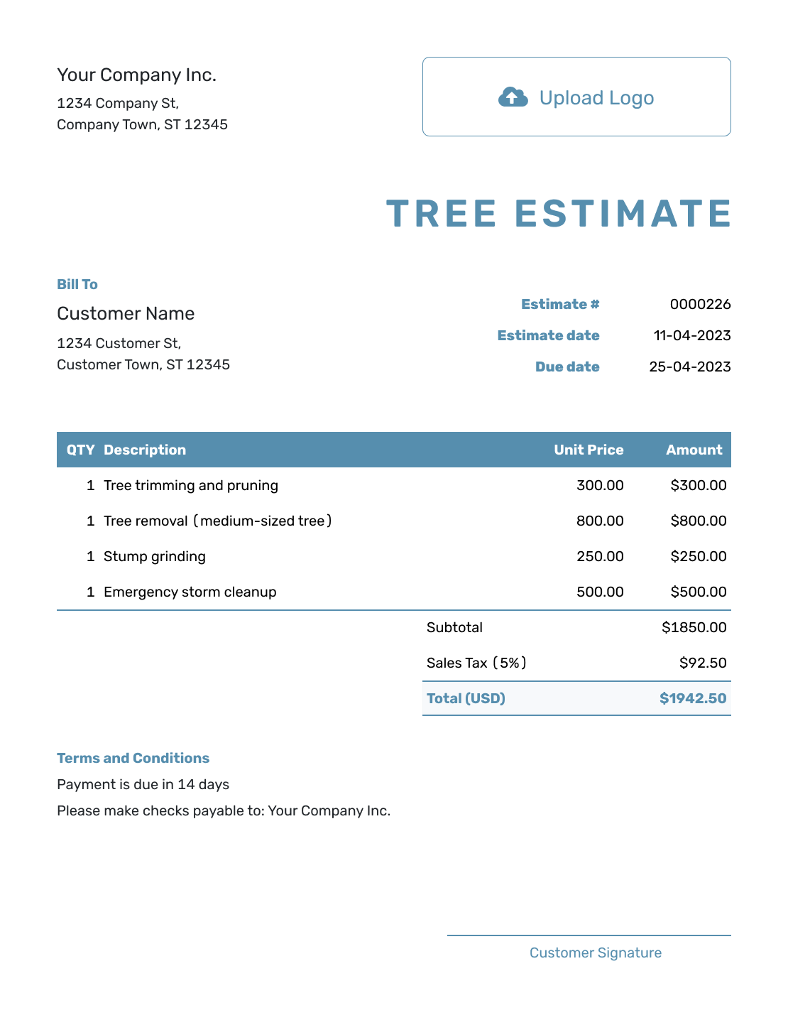 Blank Tree Estimate Template