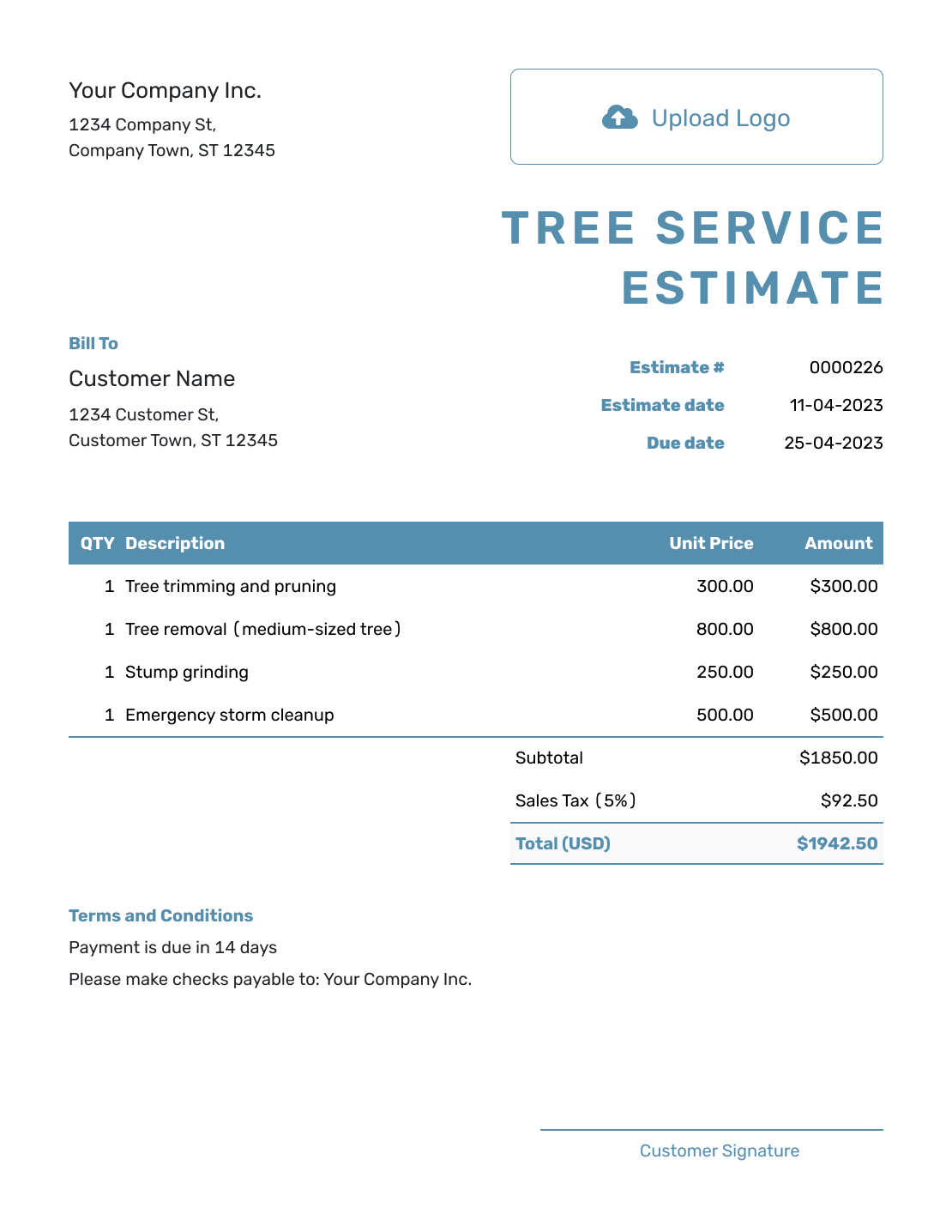 Blank Tree Service Estimate Template