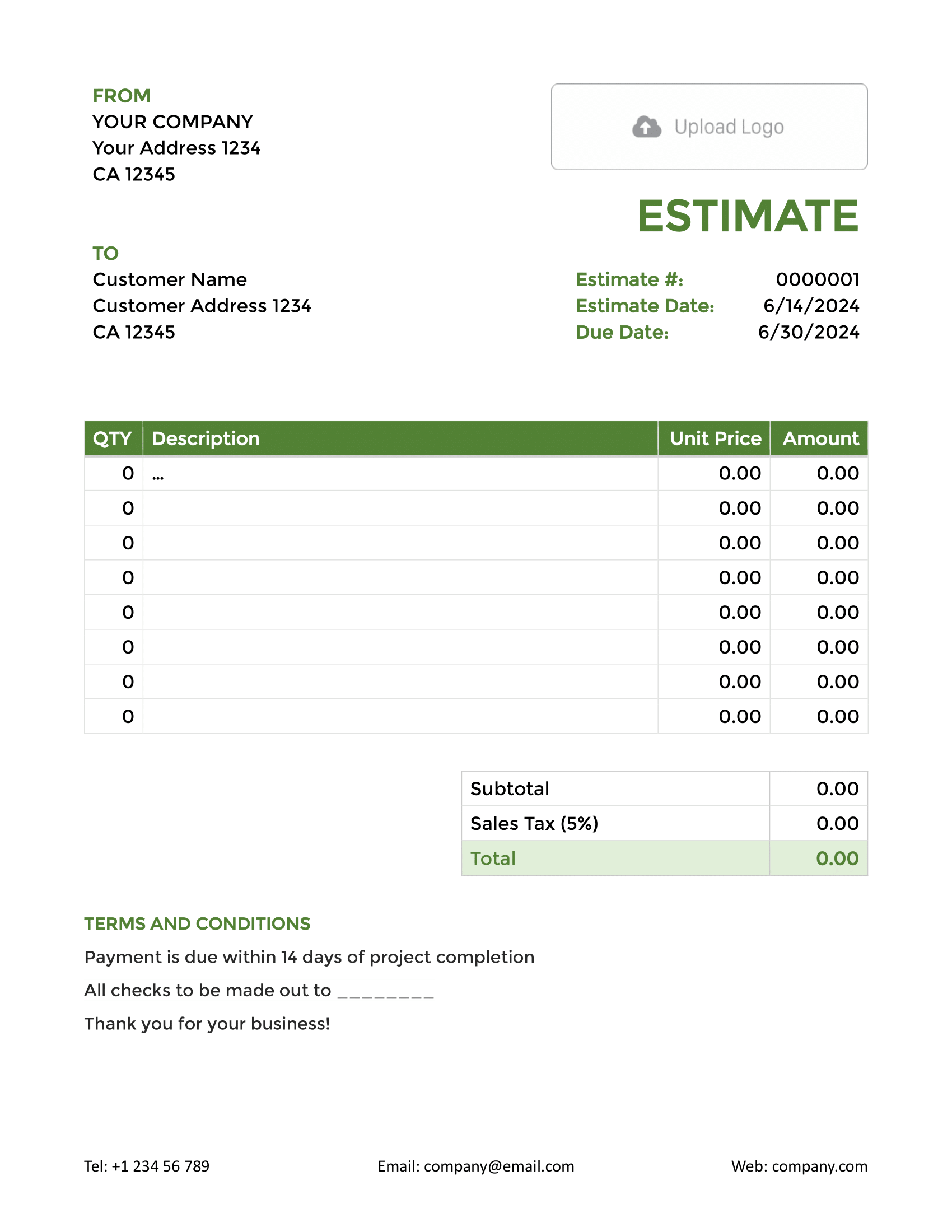 Blank Word Estimate Template