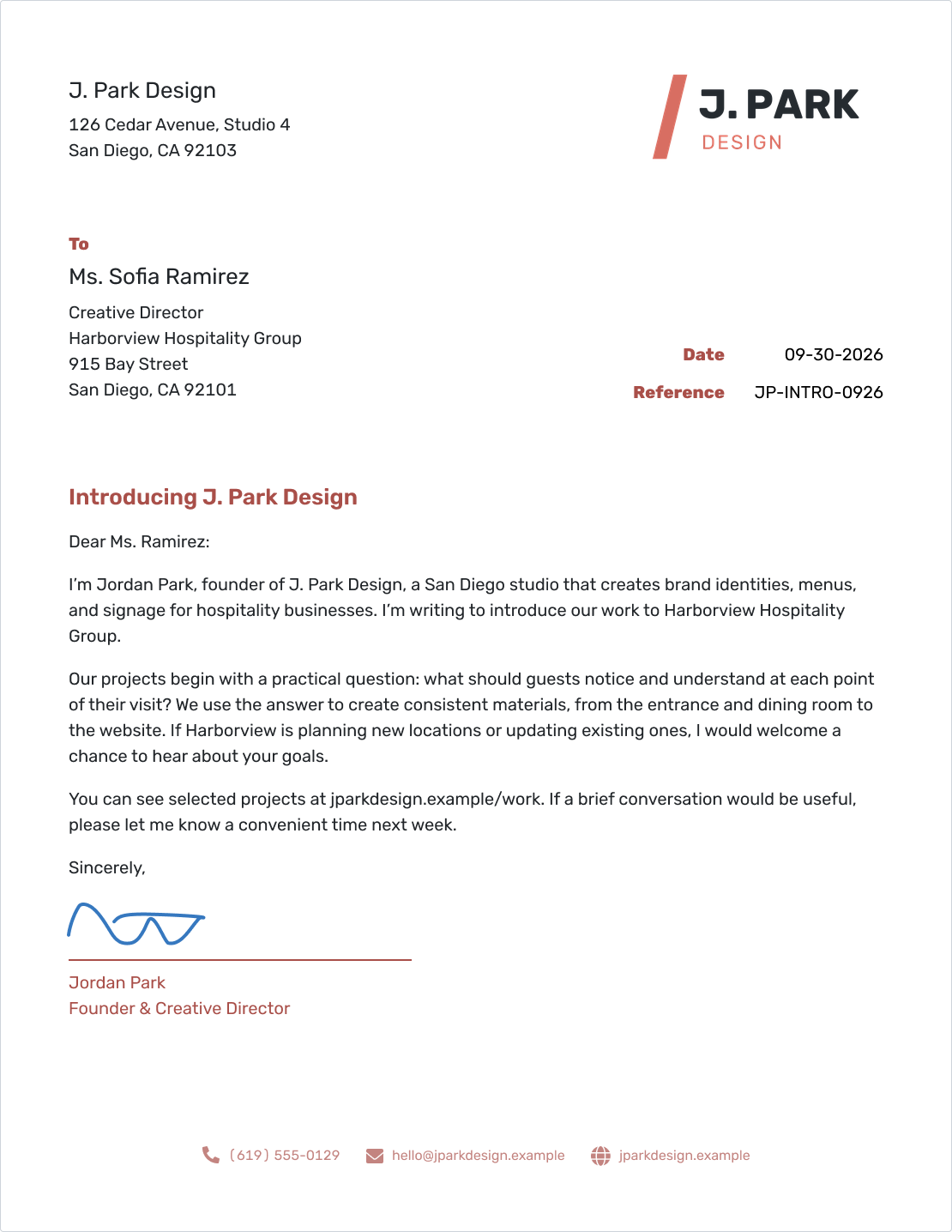 Example of a business introduction letter created in Docelf