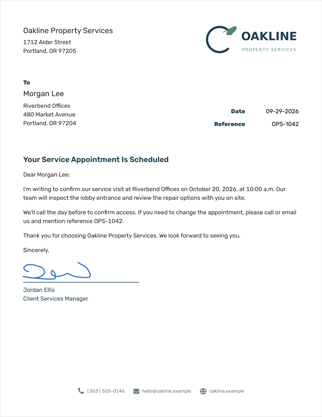 Example of a general business letter created in Docelf