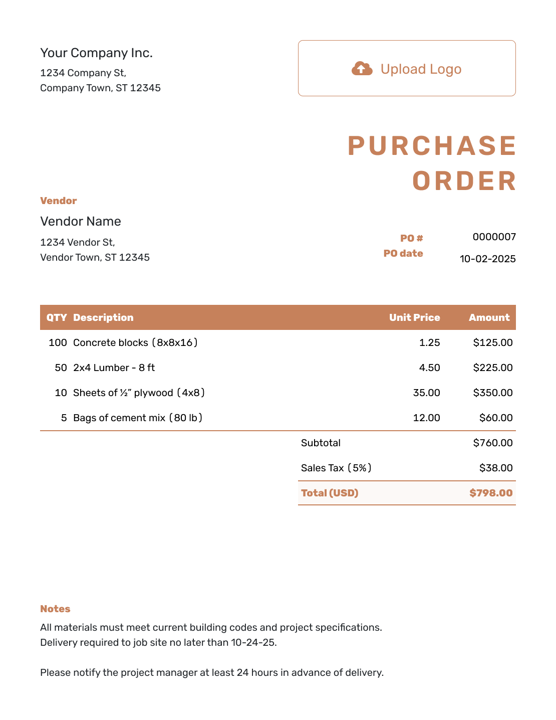 Construction Purchase Order Template