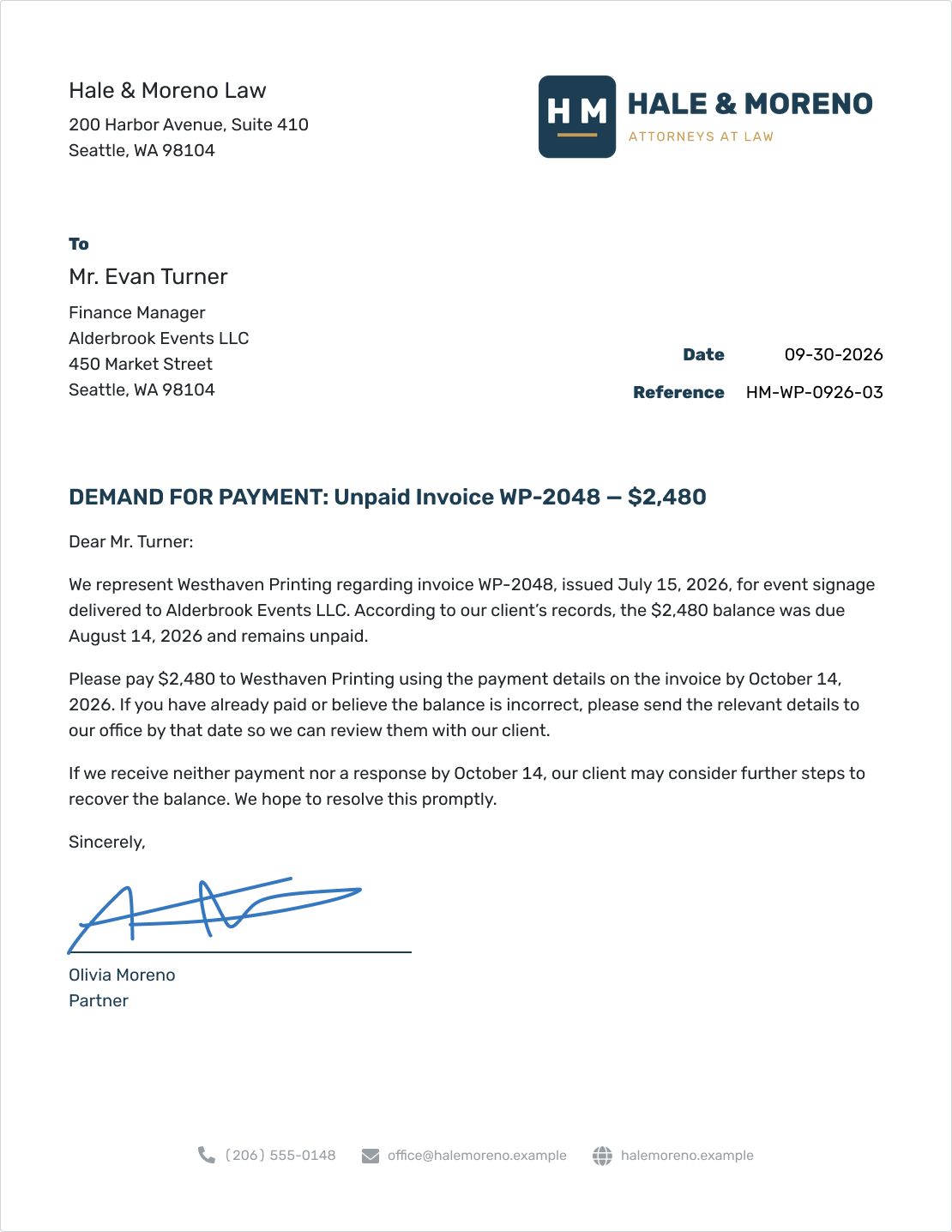 Example of a demand letter for an unpaid invoice created in Docelf