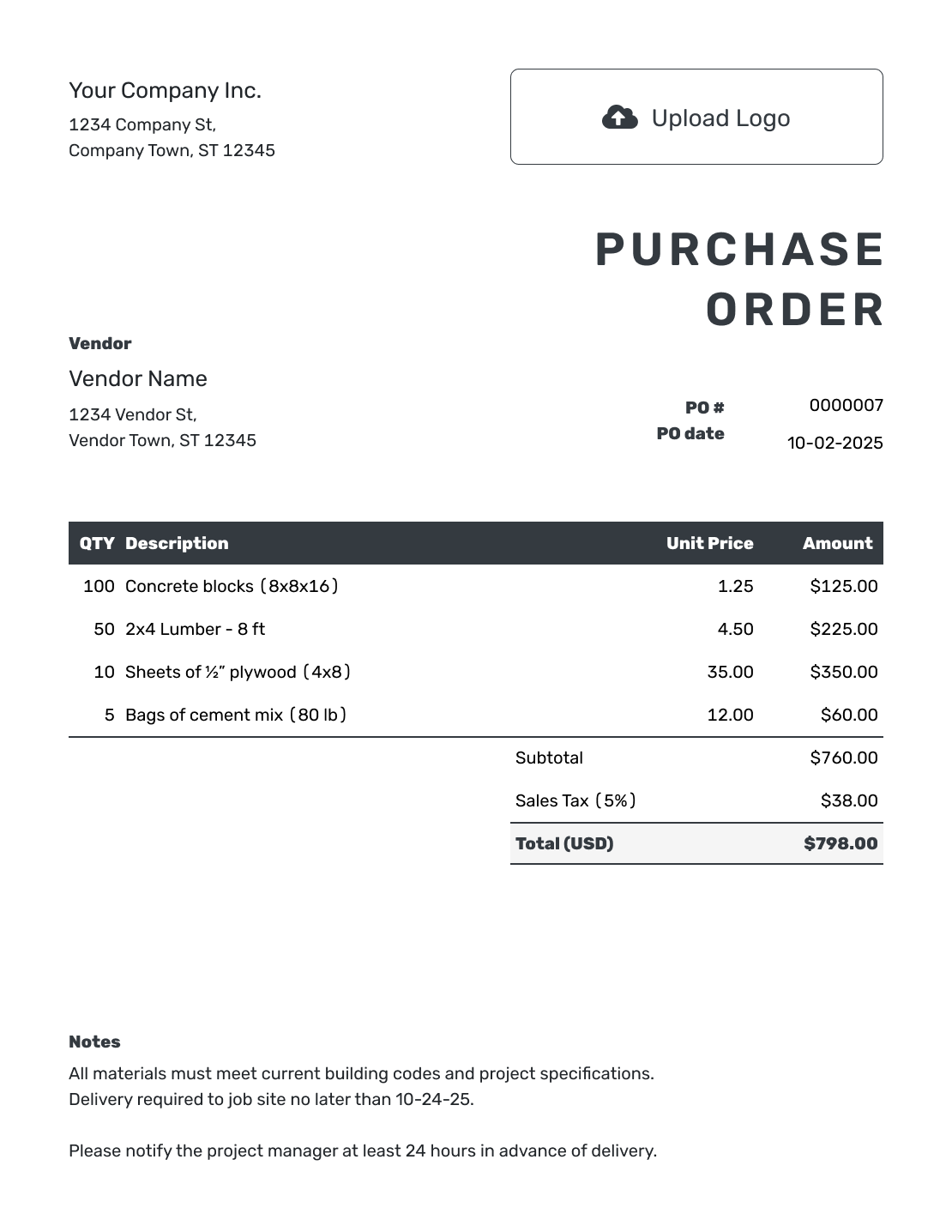 Digital Purchase Order Template