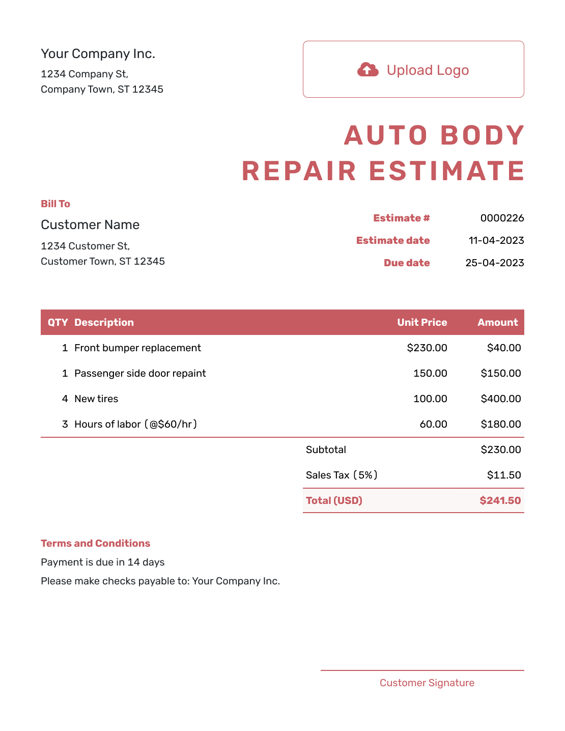 Downloadable Auto Body Repair Estimate Template