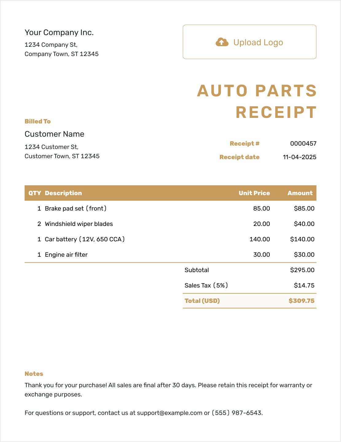 Downloadable Auto Parts Receipt Template