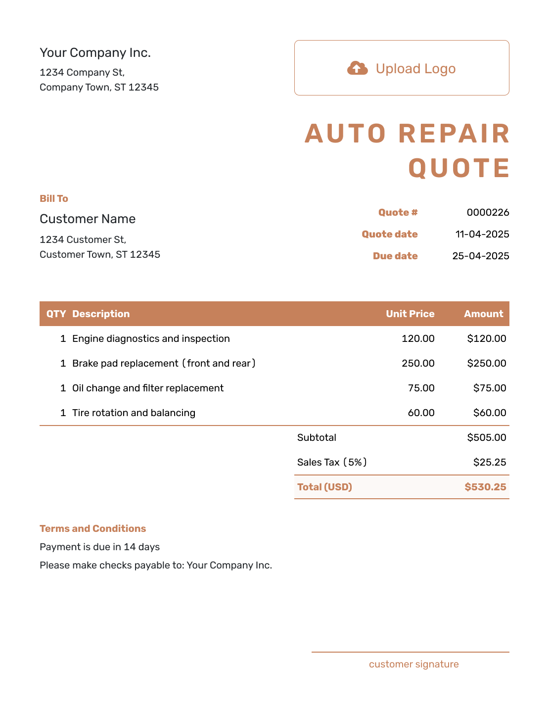 Downloadable Auto Repair Quote Template