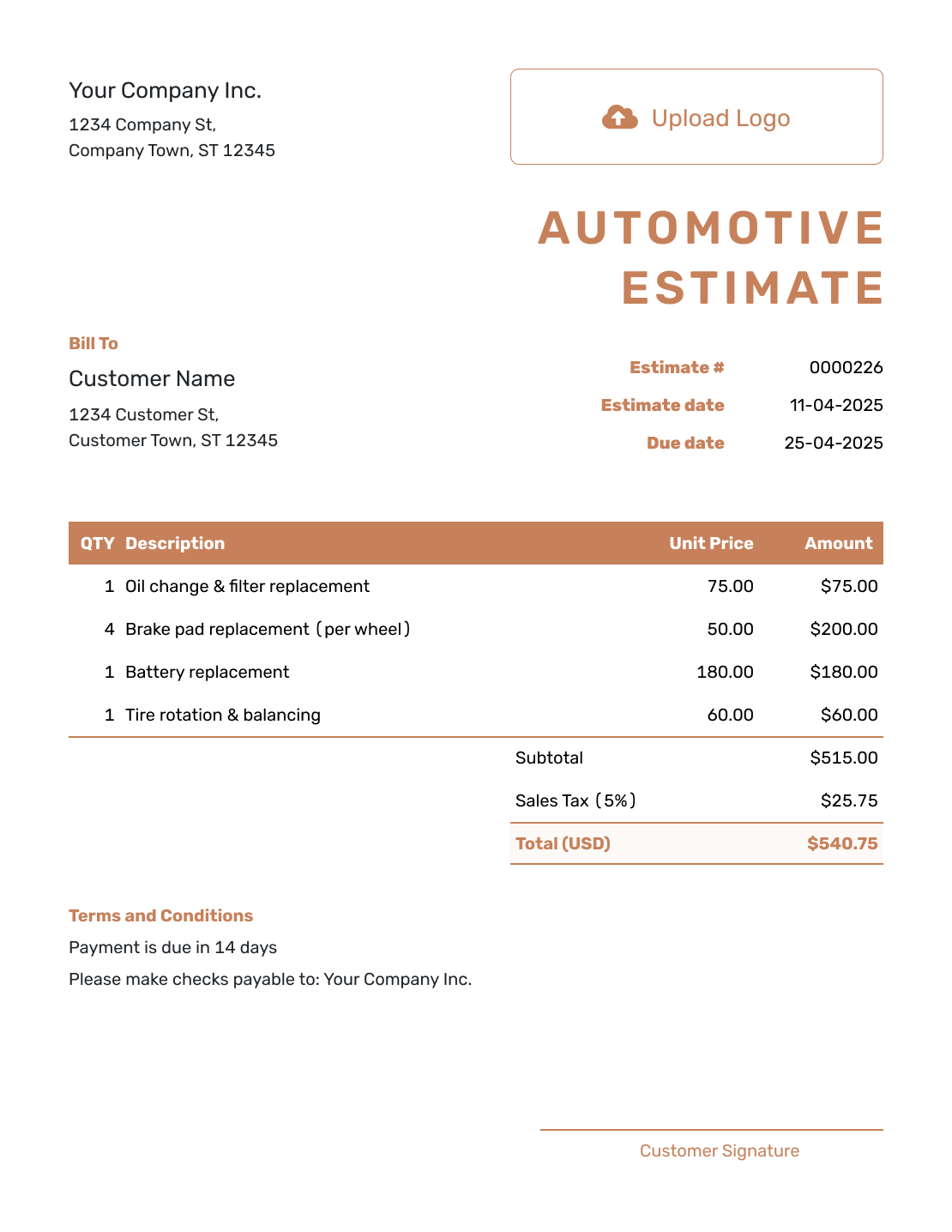 Downloadable Automotive Estimate Template