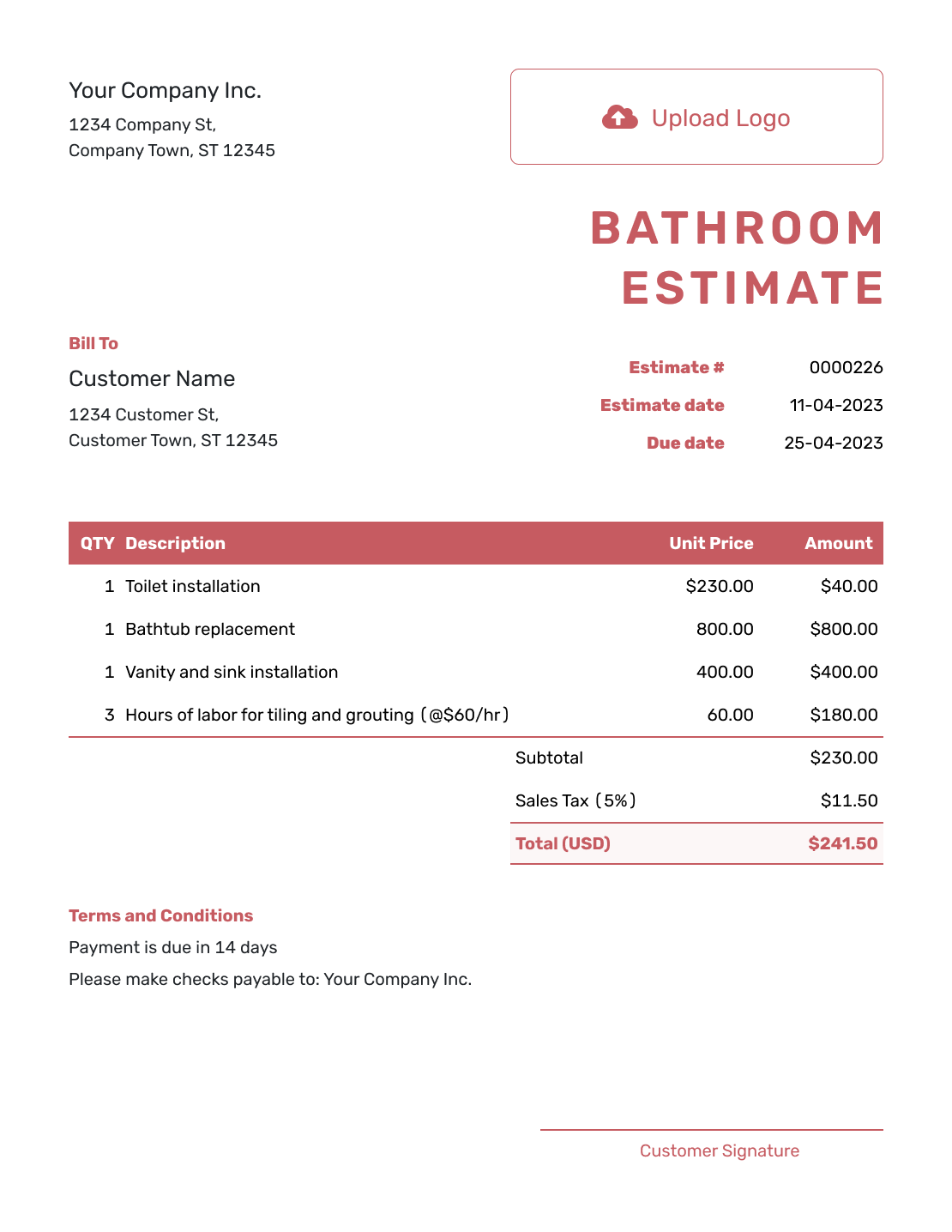 Downloadable Bathroom Estimate Template