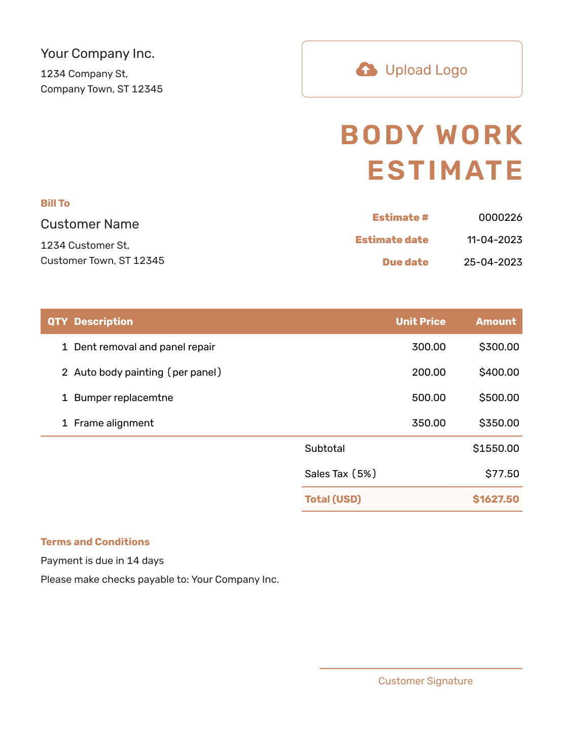 Downloadable Body Work Estimate Template