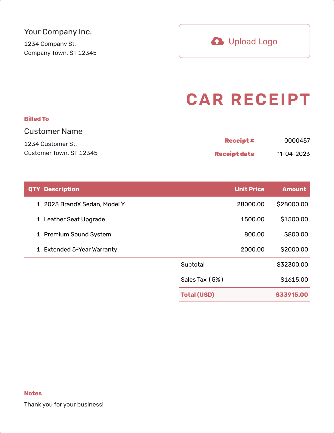 Downloadable Car Receipt Template