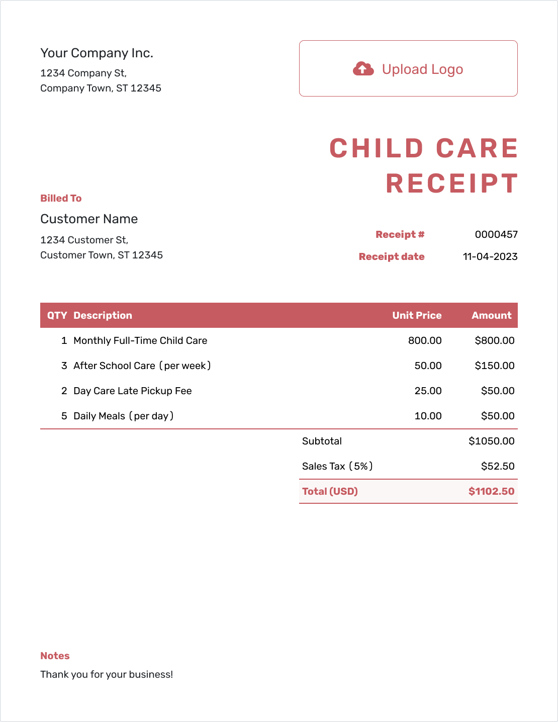 Downloadable Child Care Receipt Template