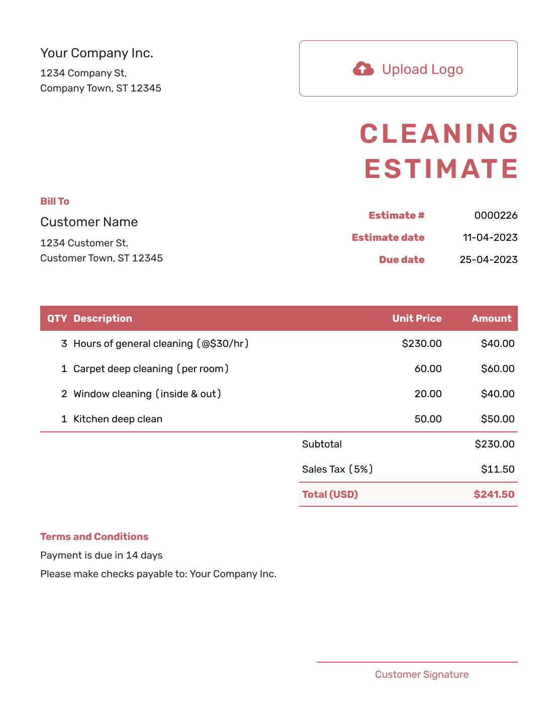 Downloadable Cleaning Estimate Template