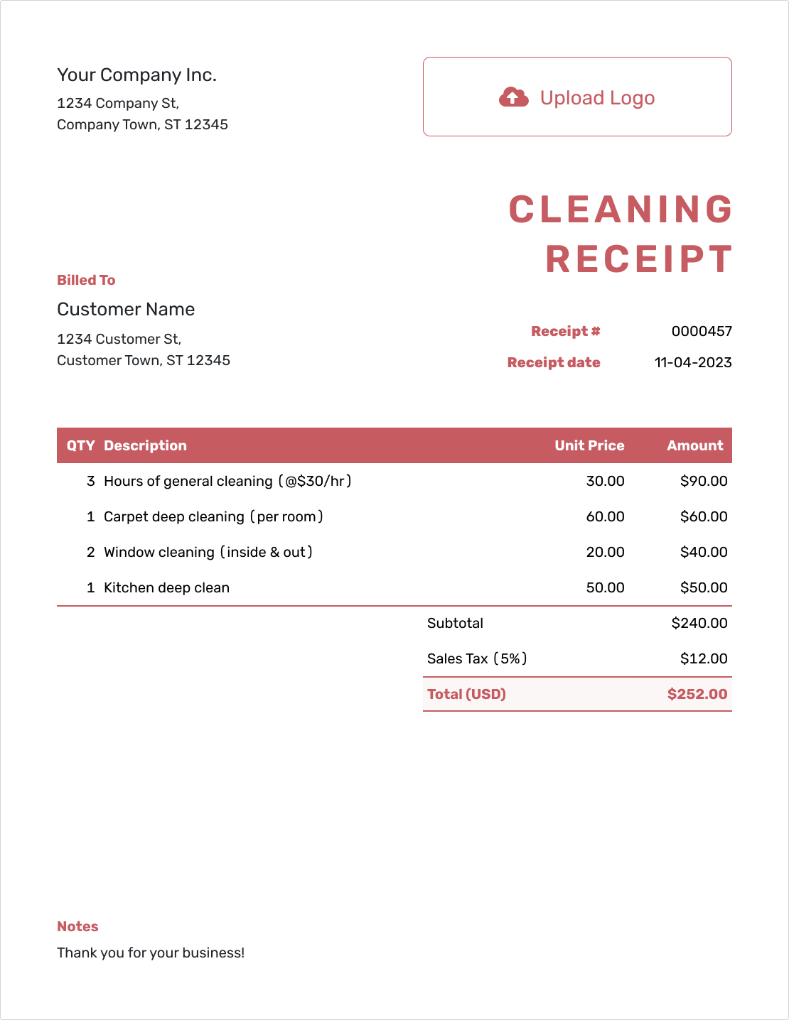 Downloadable Cleaning Receipt Template