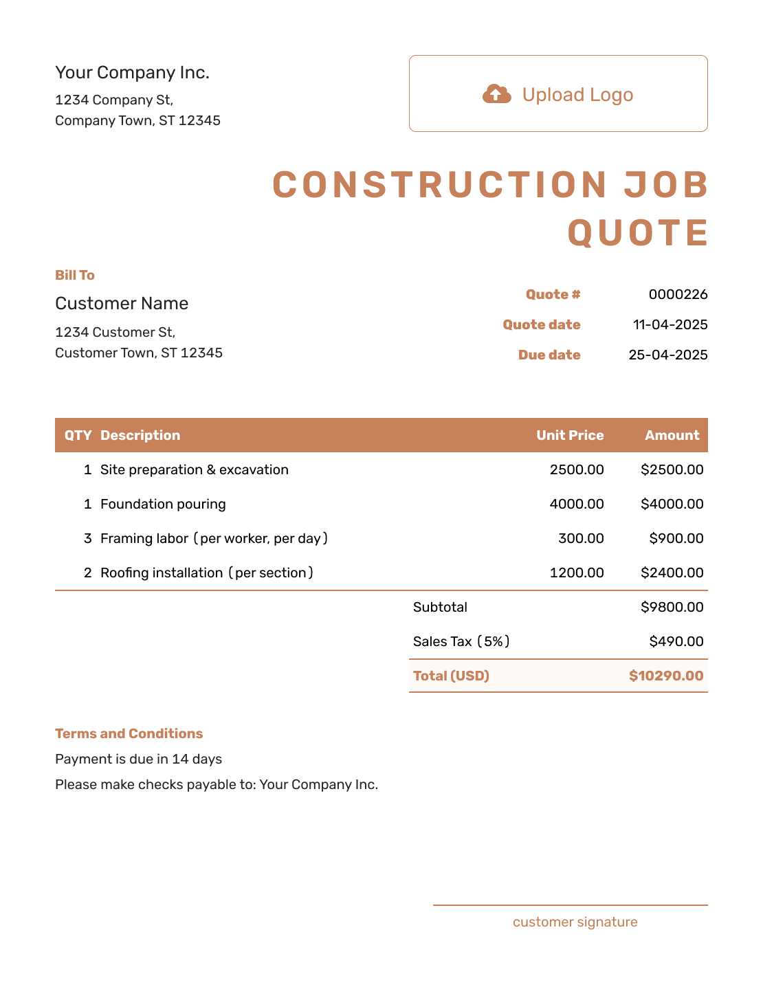 Downloadable Construction Job Quote Template