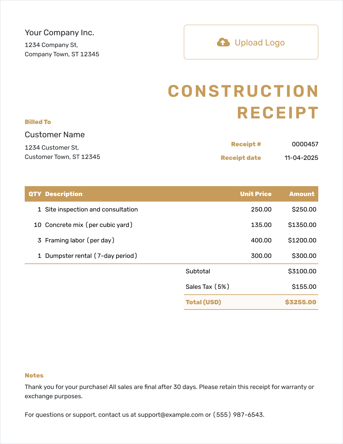 Downloadable Construction Receipt Template