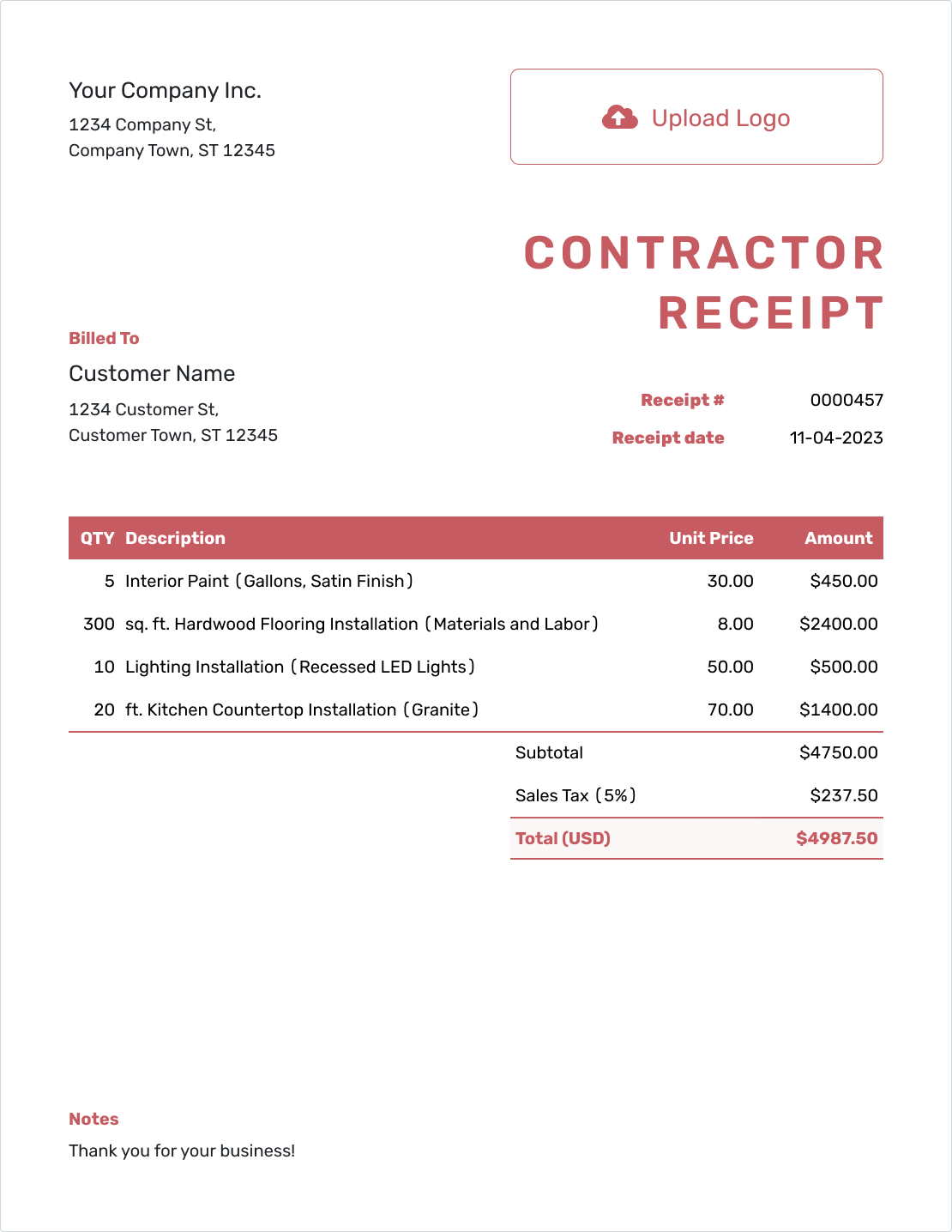 Downloadable Contractor Receipt Template