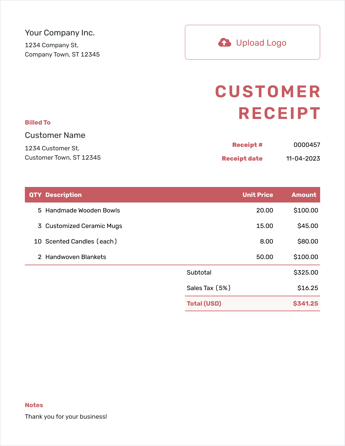 Downloadable Customer Receipt Template