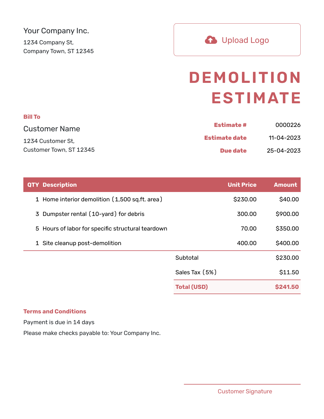 Downloadable Demolition Estimate Template