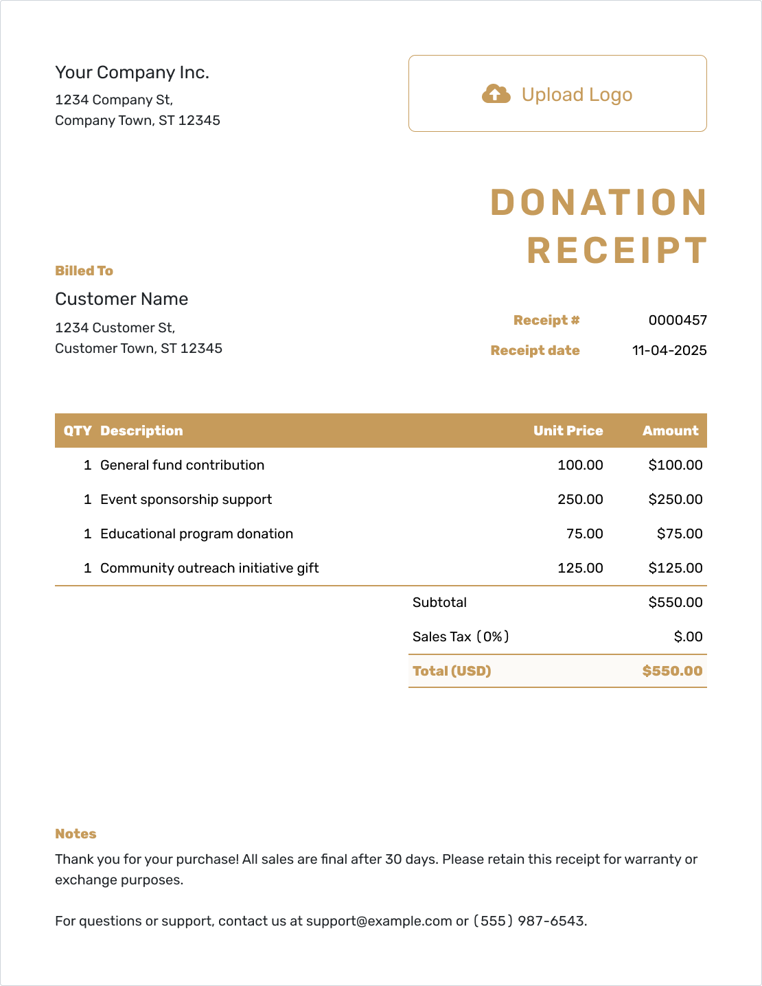 Downloadable Donation Receipt Template