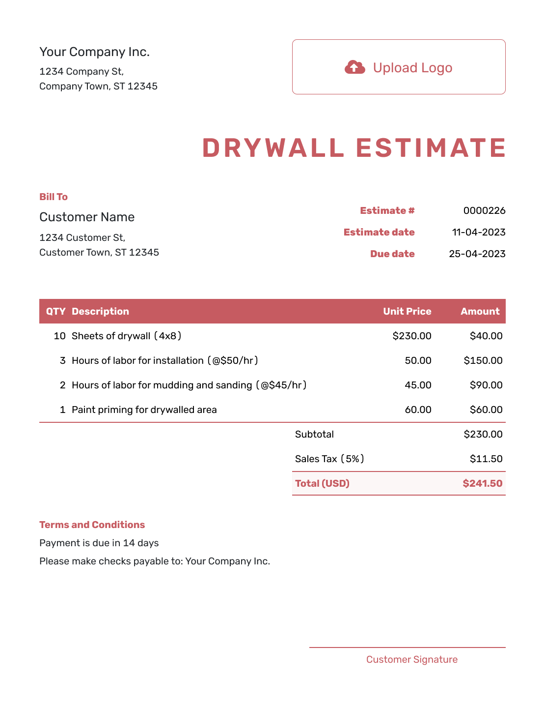 Downloadable Drywall Estimate Template