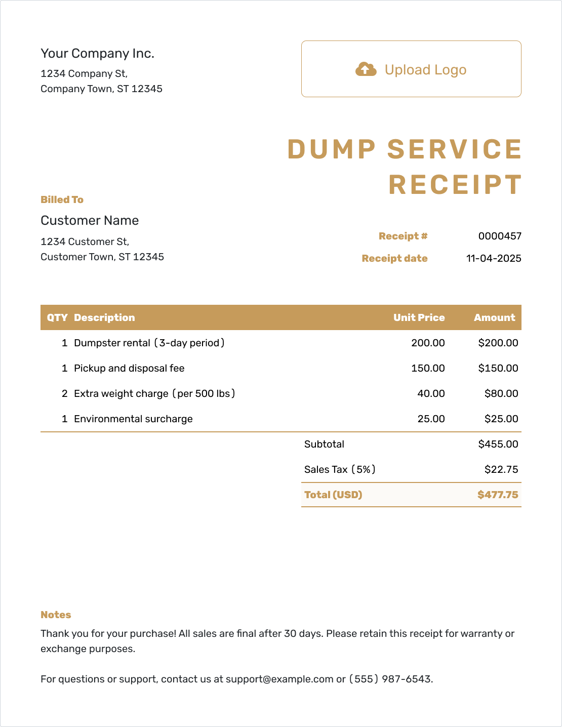 Downloadable Dump Receipt Template