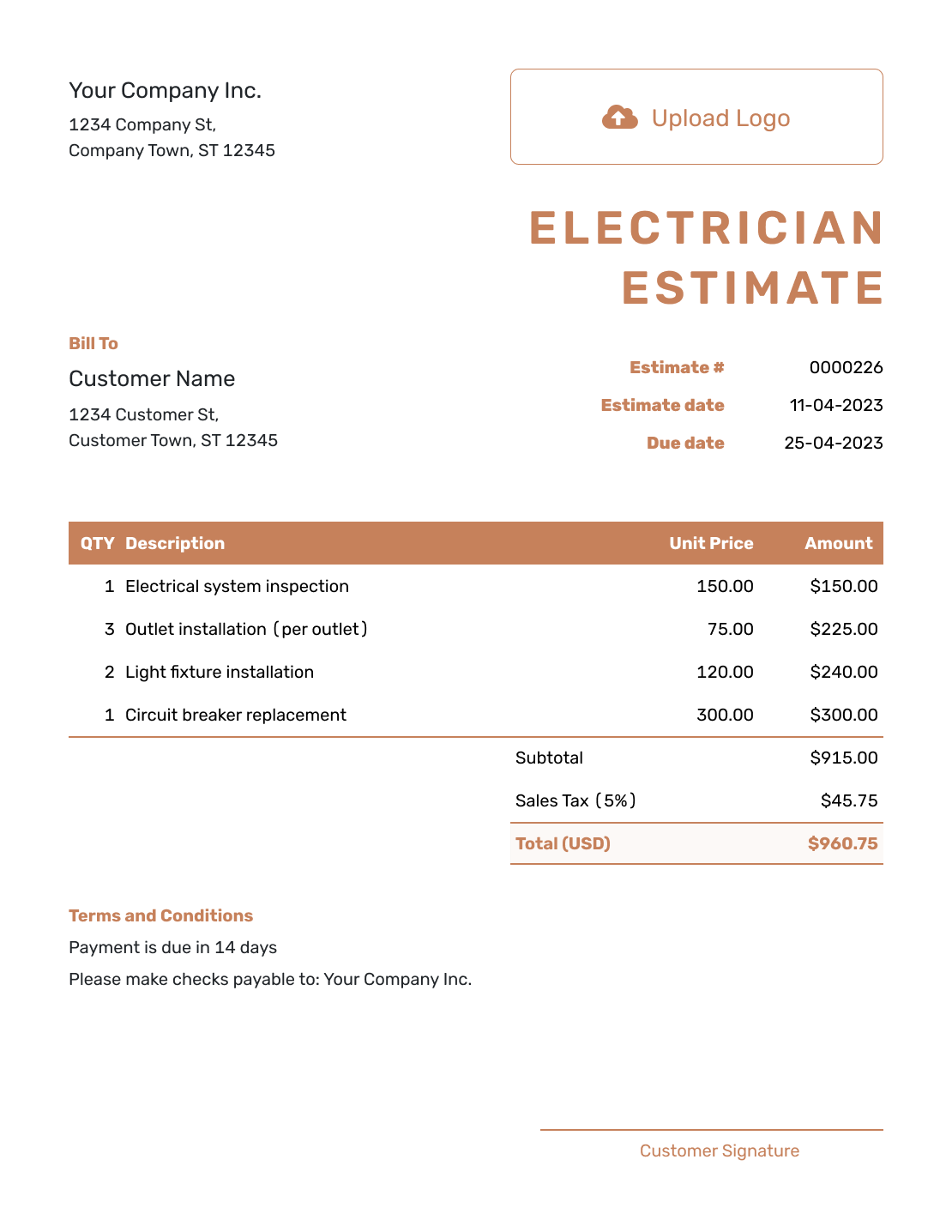 Downloadable Electrician Estimate Template