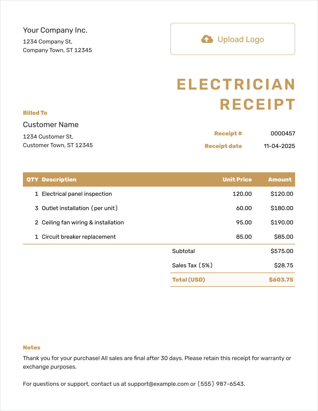Downloadable Electrician Receipt Template