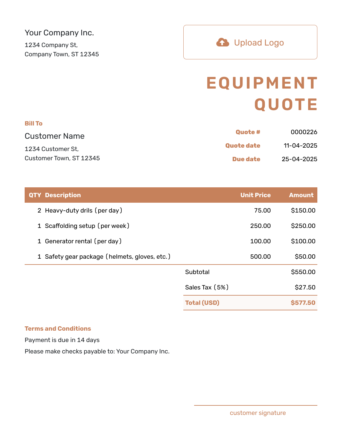 Downloadable Equipment Quote Template