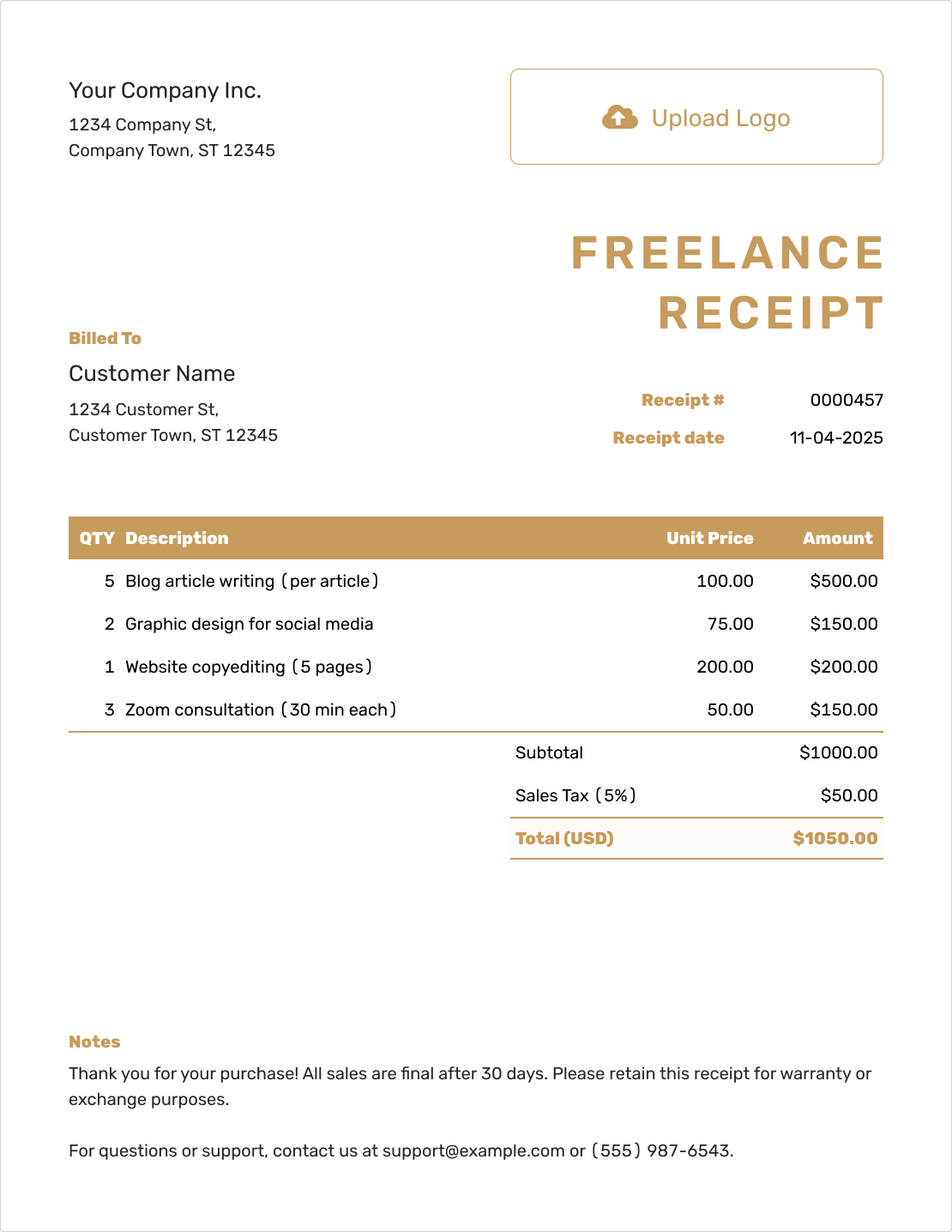 Downloadable Freelance Receipt Template